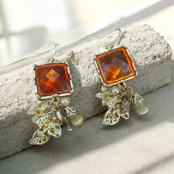 Elegant Gold Tone and Cognac Orange Dangle Earrings - Picture 2 of 2